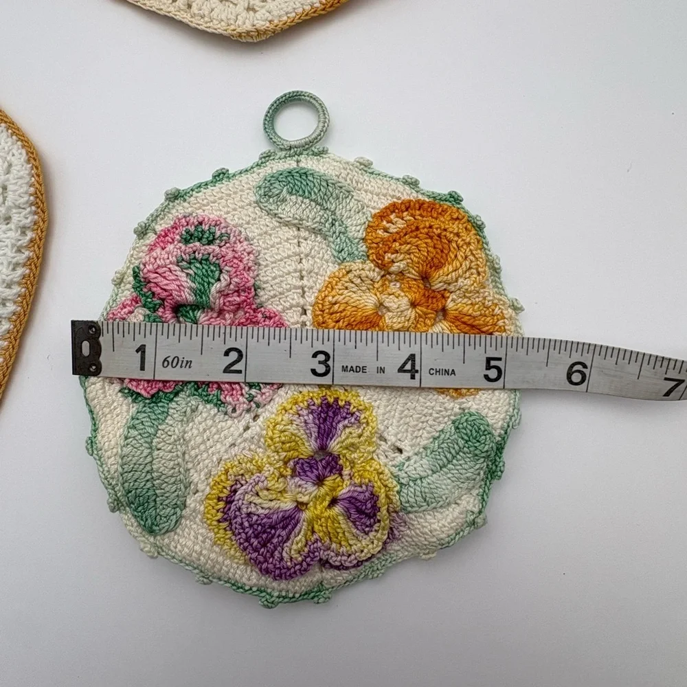 Theee Vintage Handmade Crochet Floral Pot Holders